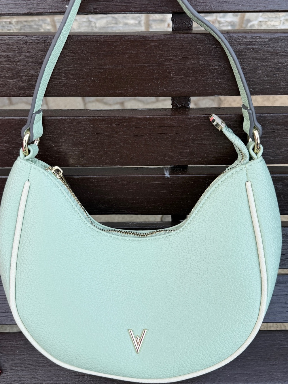 Vanessa Williams Mint Crescent Shoulder Bag with White Trim